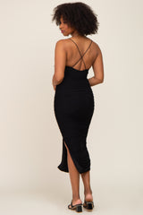 Black Mesh Ruched Cross Back Side Slit Midi Dress