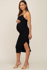 Black Mesh Ruched Cross Back Side Slit Maternity Midi Dress