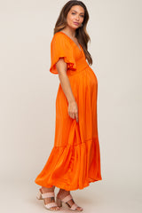 Orange Satin Smocked Maternity Midi Dress