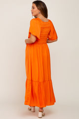 Orange Satin Smocked Maternity Midi Dress