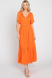 Orange Satin Smocked Midi Dress