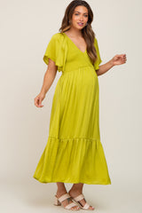 Green Satin Smocked Maternity Midi Dress