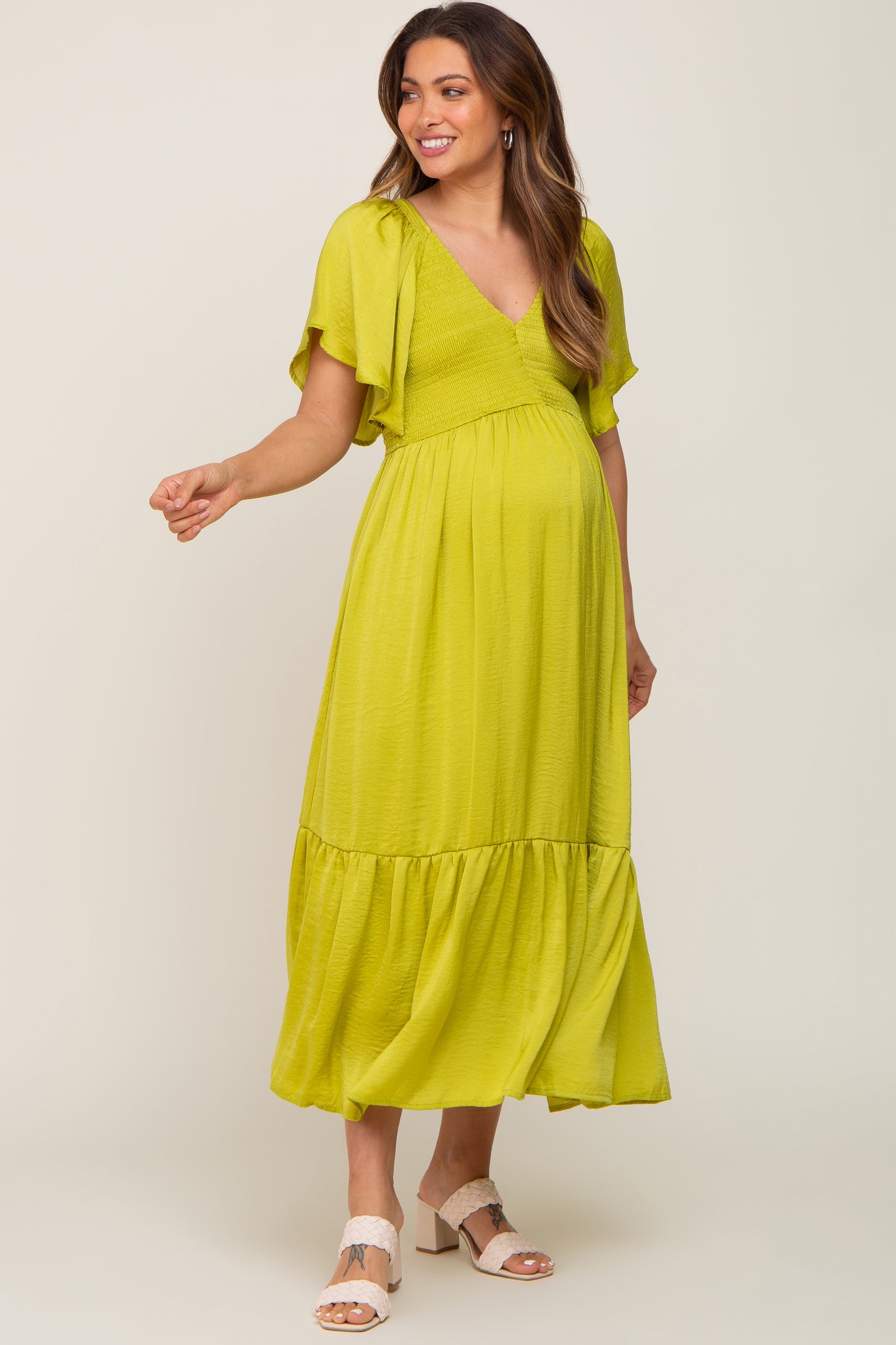 Green Watercolor Satin Pleated One-Shoulder Asymmetrical Maternity