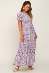 Lavender Floral Smocked Scoop Back Ruffle Hem Maxi Dress