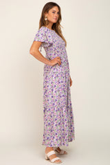 Lavender Floral Smocked Scoop Back Ruffle Hem Maxi Dress