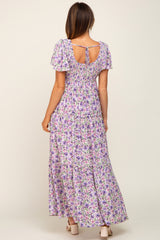 Lavender Floral Smocked Scoop Back Ruffle Hem Maxi Dress