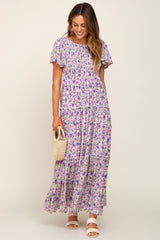 Lavender Floral Smocked Scoop Back Ruffle Hem Maxi Dress