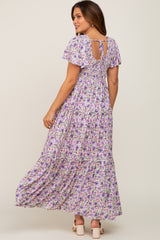 Lavender Floral Smocked Scoop Back Ruffle Hem Maternity Maxi Dress