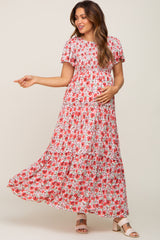 Pink Floral Smocked Scoop Back Ruffle Hem Maternity Maxi Dress