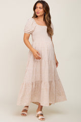 Beige Floral Smocked Square Neck Maternity Midi Dress