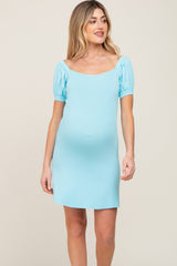 Aqua Rib Knit Off Shoulder Puff Sleeve Maternity Dress