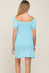 Aqua Rib Knit Off Shoulder Puff Sleeve Maternity Dress