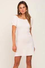 Cream Rib Knit Off Shoulder Puff Sleeve Dress