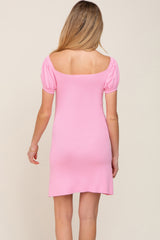 Pink Rib Knit Off Shoulder Puff Sleeve Maternity Dress