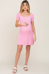 Pink Rib Knit Off Shoulder Puff Sleeve Maternity Dress