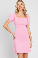 Pink Rib Knit Off Shoulder Puff Sleeve Dress