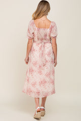 Mauve Floral Puff Sleeve Chiffon Maternity Midi Dress