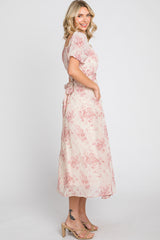 Mauve Floral Puff Sleeve Chiffon Midi Dress