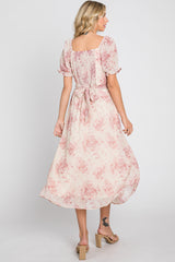 Mauve Floral Puff Sleeve Chiffon Midi Dress