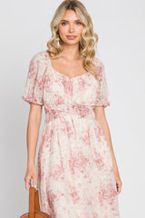 Mauve Floral Puff Sleeve Chiffon Midi Dress