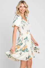 Cream Floral Satin Smocked Puff Sleeve Dress