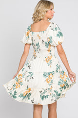 Cream Floral Satin Smocked Puff Sleeve Dress