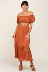 Camel Crop Top and Skirt Two Piece Maternity Set