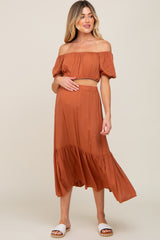 Camel Crop Top and Skirt Two Piece Maternity Set