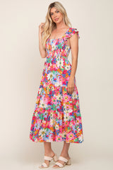 Fuchsia Floral Ruffle Strap Smocked Midi Dress