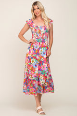 Fuchsia Floral Ruffle Strap Smocked Midi Dress