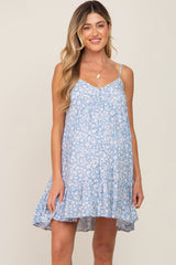 Blue Floral Button Accent Sleeveless Maternity Dress