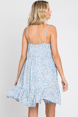 Blue Floral Button Accent Sleeveless Dress