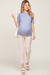 Blue Floral Side Ruched Maternity Short Sleeve Top