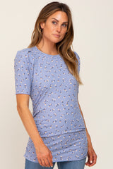 Blue Floral Side Ruched Short Sleeve Top