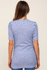 Blue Floral Side Ruched Short Sleeve Top