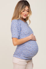 Blue Floral Side Ruched Maternity Short Sleeve Top