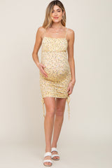 Yellow Floral Sleeveless Ruched Maternity Mini Dress