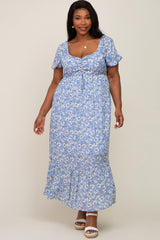 Blue Floral Sweetheart Drawstring Neck Short Sleeve Maternity Plus Midi Dress