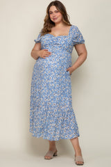 Blue Floral Sweetheart Drawstring Neck Short Sleeve Maternity Plus Midi Dress