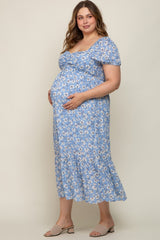 Blue Floral Sweetheart Drawstring Neck Short Sleeve Maternity Plus Midi Dress