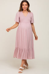 Mauve Textured Dot Smocked Short Sleeve Maternity Midi Dress