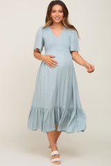 Light Blue Textured Dot Smocked Short Sleeve Maternity Midi Dress