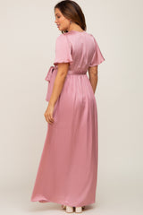 Pink Satin Wrap Front V-Neck Short Sleeve Side Slit Maternity Maxi Dress