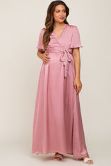 Pink Satin Wrap Front V-Neck Short Sleeve Side Slit Maternity Maxi Dress