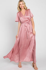 Pink Satin Wrap Front V-Neck Short Sleeve Side Slit Maxi Dress