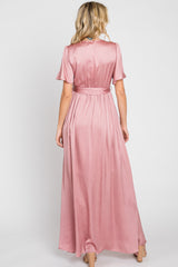 Pink Satin Wrap Front V-Neck Short Sleeve Side Slit Maxi Dress