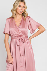 Pink Satin Wrap Front V-Neck Short Sleeve Side Slit Maxi Dress