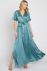 Teal Satin Wrap Front V-Neck Short Sleeve Side Slit Maxi Dress