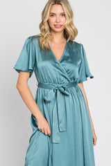 Teal Satin Wrap Front V-Neck Short Sleeve Side Slit Maxi Dress