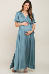 Teal Satin Wrap Front V-Neck Short Sleeve Side Slit Maternity Maxi Dress